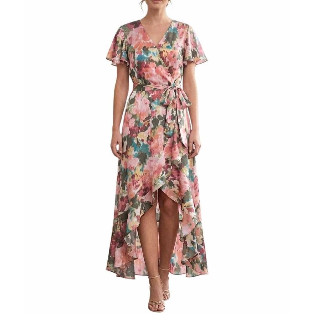 Nicole Miller New York watercolor floral hi-lo ruffle faux wrap dress womens S
